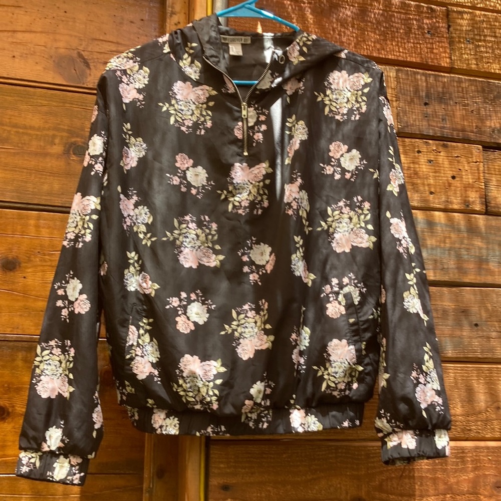 Forever 21 Black Floral Hooded Jean Jacket